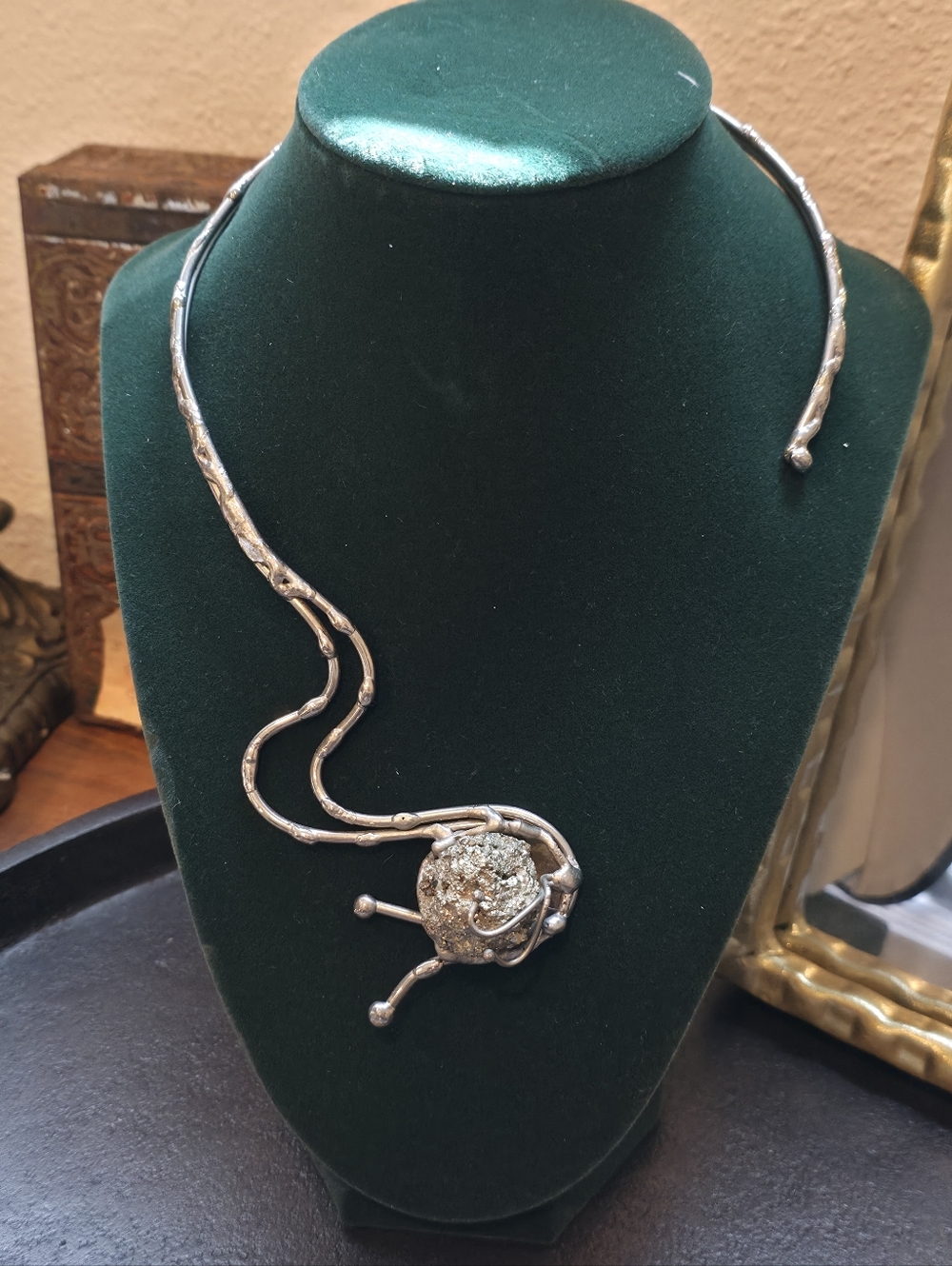 Modern Sculptural Druzy Necklace – Organic Pyrite Cluster Statement Pendant